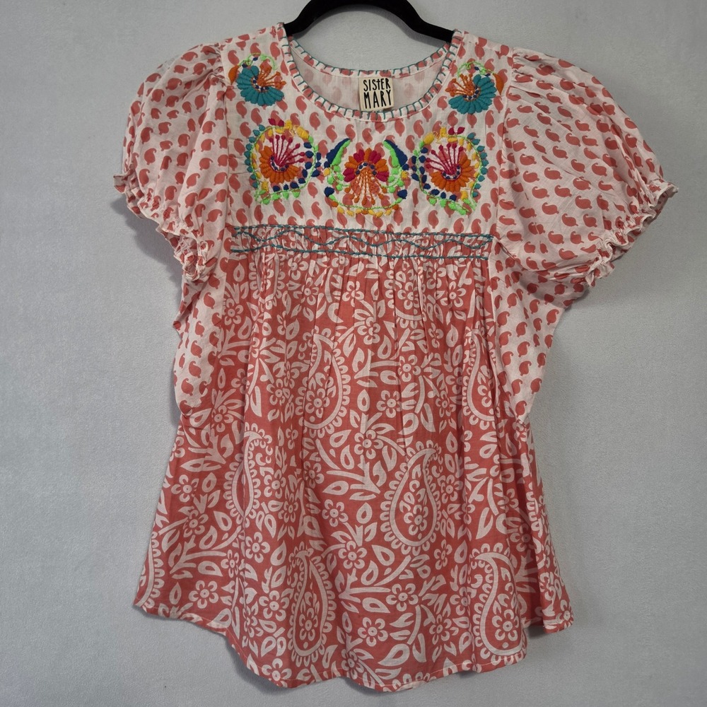Sister Mary Top Womens XS Pink Embroidered Paisley Boho Babydoll Coastal Cottage - Picture 2 of 12